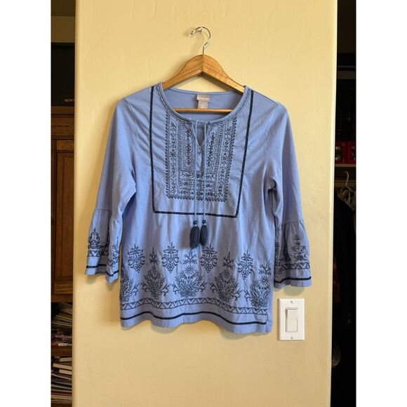 Chico’s Embroidered Peasant Top Tie Tassels 3/4 Bell Sleeve with Beadwork Size 0 - Picture 2 of 8